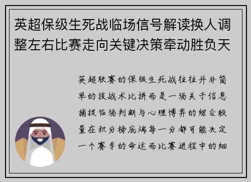 英超保级生死战临场信号解读换人调整左右比赛走向关键决策牵动胜负天平
